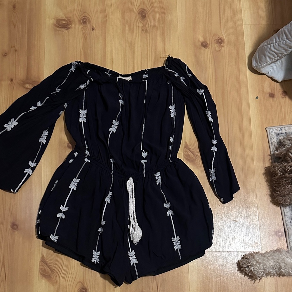 Navy Blue Off-Shoulder Romper with White Floral Embroidery
